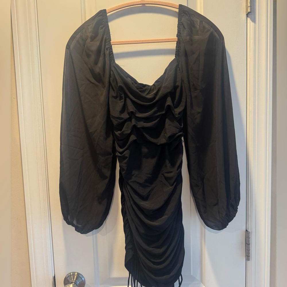 Black Ruched Dress with Puff Sleeves